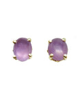 Natural pink sapphire cabochon oval cut stud earrings, prong set sparkling medium pink color, push backs, crafted in 14k gold.