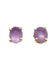Natural pink sapphire cabochon oval cut stud earrings, prong set sparkling medium pink color, push backs, crafted in 14k gold.