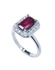 Natural ruby ring for women emerald cut halo diamond, side top view visibles table and crown's gemstone