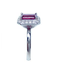 Natural ruby ring for women emerald cut halo diamond, lateral top view