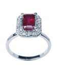 Natural ruby ring for women emerald cut halo diamond, front tall view visibles table and crown's gemstone