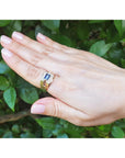 Hand wearing a gold ring with a blue sapphire gemstone against a green leafy background