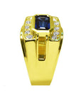 Men's 18K yellow gold ring with east-west bezel-set blue sapphire and diamond accents.