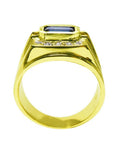 Men's 18K yellow gold ring with an east-west bezel-set blue sapphire and diamond accents.