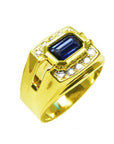 Men's 18K yellow gold ring with east-west bezel-set blue sapphire and diamond accents.