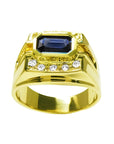 Men's 18K yellow gold ring with an east-west bezel-set dark blue sapphire and diamond accents.