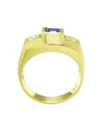 Men's 14K yellow gold ring with an emerald cut blue sapphire and two round side diamonds.