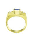 Natural sapphire ring for men bezel set side round cut diamonds 14K yellow gold, lateral tall top view