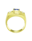 Men's 14K yellow gold ring with an emerald cut blue sapphire and two round side diamonds.