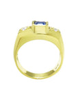 Men's 14K yellow gold ring with an emerald cut blue sapphire and two round side diamonds.