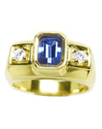 Natural sapphire ring for men bezel set side round cut diamonds 14K yellow gold, top view, front position