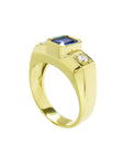 Natural sapphire ring for men bezel set side round cut diamonds, top half side top-down shoulder shank profile view