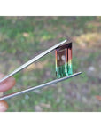 Fancy cut 8.30 carat Brazilian Watermelon Tourmaline gemstone, vibrant red-orange and bluish-green, held in tweezers.