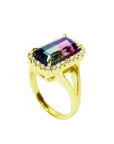 This real watermelon tourmaline ring in yellow gold is on a half side position where the top and split shank are visibles.