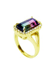 14K gold ring with a rectangular 5.60 ct. watermelon tourmaline, surrounded by small diamonds.