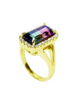 14K gold ring with a rectangular 5.60 ct. watermelon tourmaline, surrounded by small diamonds.