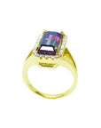 14K gold ring with a rectangular watermelon tourmaline and diamond halo.