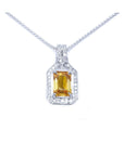 Front position plain top view of a natural yellow sapphire pendant necklace halo diamond 18k white gold