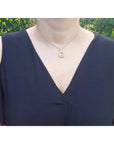Lady wearing a black dress with a necklace featuring a square yellow sapphire pendant.