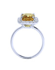 Yellow sapphire ring emerald cut halo natural diamonds 14K white Gold, high top setting and gallery lateral view