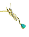 Emerald necklace a 1.00 carat dangling pear cut emerald 14k yellow gold intertwined diamond design, slider without bail style