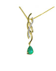 natural emerald necklace a 1.00 carat dangling pear cut emerald 14k yellow gold intertwined diamond design, slider without bail style.