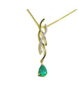 natural emerald necklace a 1.00 carat dangling pear cut emerald 14k yellow gold intertwined diamond design, slider without bail style