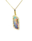 Opal pendant necklace with gold chain on a white background