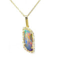 14K yellow gold pendant necklace with a colorful opal and diamond halo.