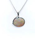 2.25 ct. Australian opal pendant in 14K white gold, east-west bezel set with bluish-green flashes.