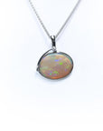 2.25 ct. Australian opal pendant in 14K white gold, east-west bezel set with bluish-green flashes.