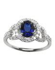 Blue sapphire ring for women September's birthstone Halo Diamonds 14K White Gold, front position top full view