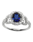Blue sapphire ring for women September's birthstone Halo Diamonds 14K White Gold.