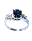 Oval cut natural bue sapphire ring for women 14k white gold, half tall top and shank profile view