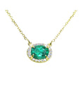 May birthstone necklace Colombian emerald from Muzo mines Colombia halo natural diamonds, crafted in 14k yellow gold