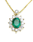 Women's Emerald necklaces natural Muzo mine oval cut 1.11 carats encircled by halo diamonds crafted in 14k yellow gold