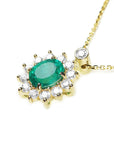 Emerald slider necklace natural Muzo mine oval cut 1.11 carats encircled by halo diamonds crafted in 14k yellow gold
