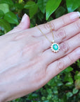 Real Emerald necklaces for women natural Muzo mine oval cut 1.11 carats encircled by halo diamonds crafted in 14k yellow gold