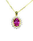 Front position top view of an oval cut pink sapphire halo diamond necklace pendant 14k yellow gold.