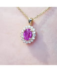 Pink oval cut natural sapphire gemstone halo diamond pendant with gold chain,14k yellow gold.