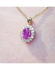 Pink oval cut natural sapphire gemstone halo diamond pendant with gold chain,14k yellow gold.