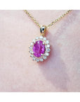 Pink oval cut natural sapphire gemstone halo diamond pendant with gold chain,14k yellow gold.