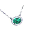 Women's Oval cut emerald necklace east west orientation halo natural diamonds prong set crafted in 14k white gold