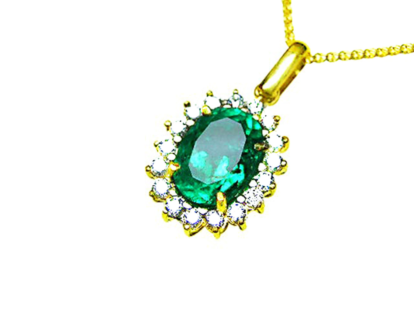 A 18k yellow gold pendant necklace with an oval cut natural emerald encircled in a halo diamond topside view.
