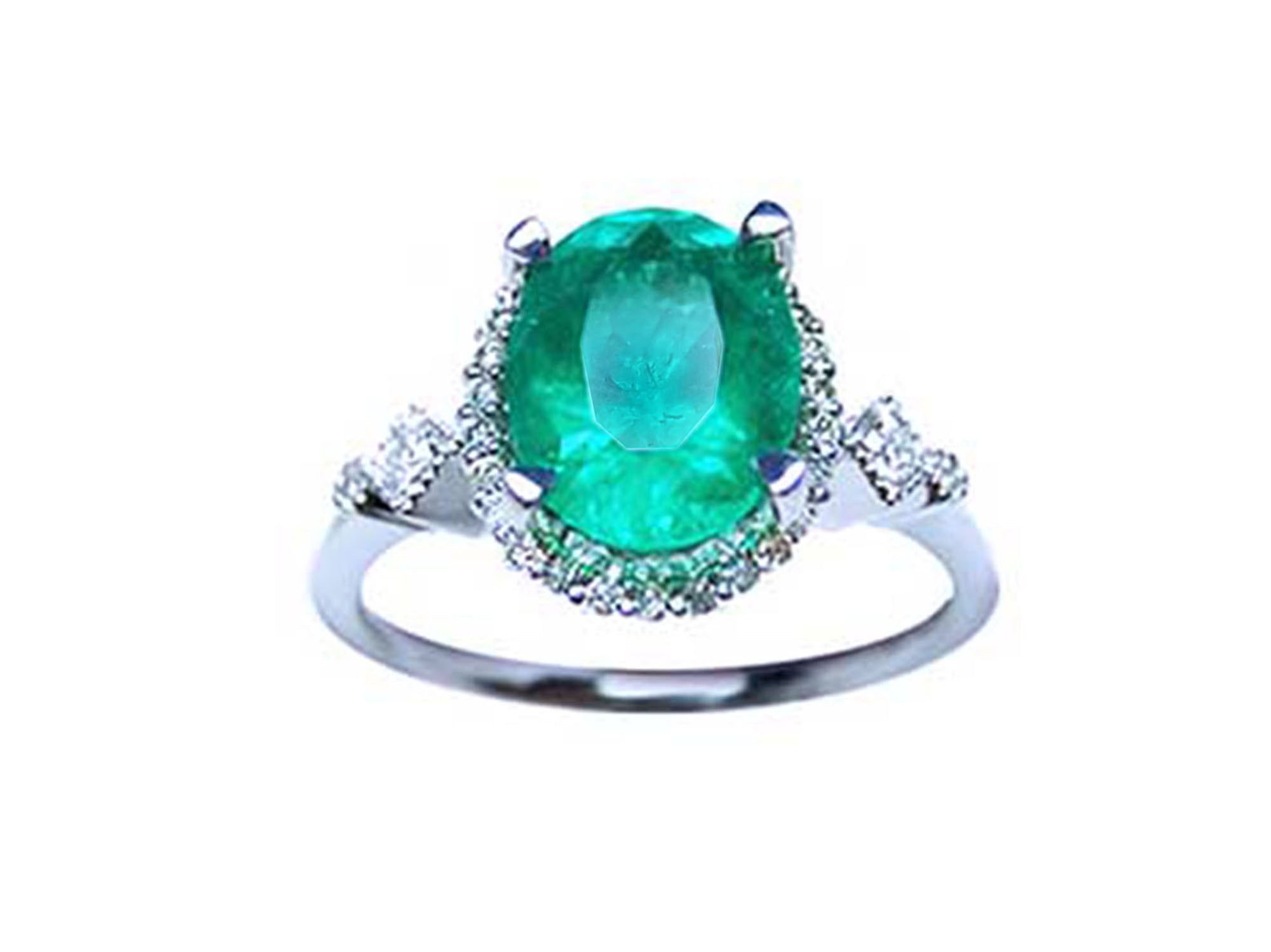 The topside view of an oval emerald ring, with accent diamonds, perfect for mother's day gift.