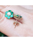18K yellow gold Colombian emerald and diamond cluster earrings, flower-shaped.