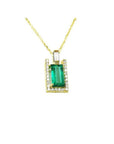 1.14 ct baguette emerald pendant necklace with natural diamonds in 14K yellow gold.