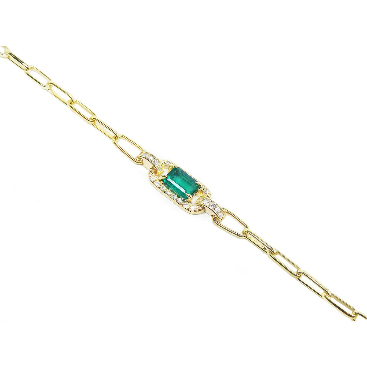 Paper Clip Bracelet Natural Emerald and Diamonds in 14K Yellow Gold