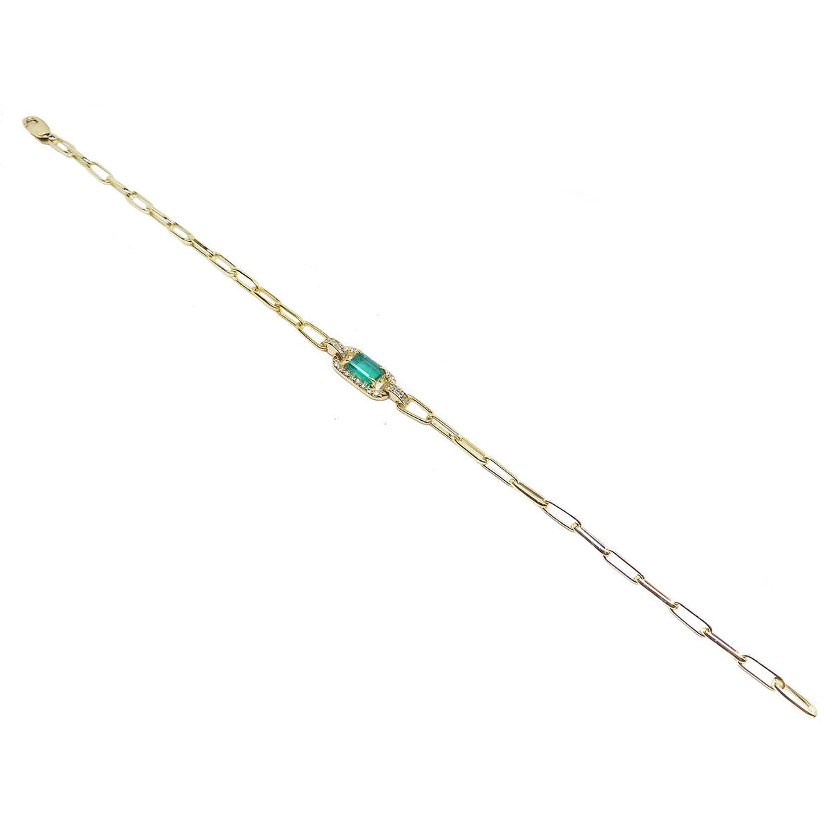 Paper Clip Bracelet Natural Emerald and Diamonds in 14K Yellow Gold
