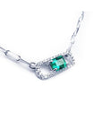 women's Paper clip natural Colombian emerald necklace halo diamond crafted in 18k white gold